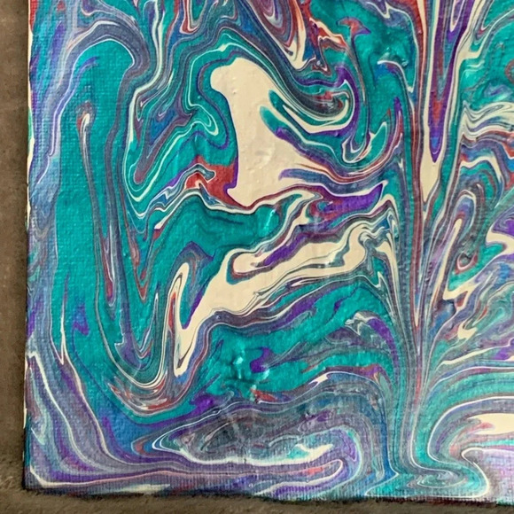 Original Paint Pour of wine, purple, teal and white on 8”x8” square canvas - Picture 4 of 7